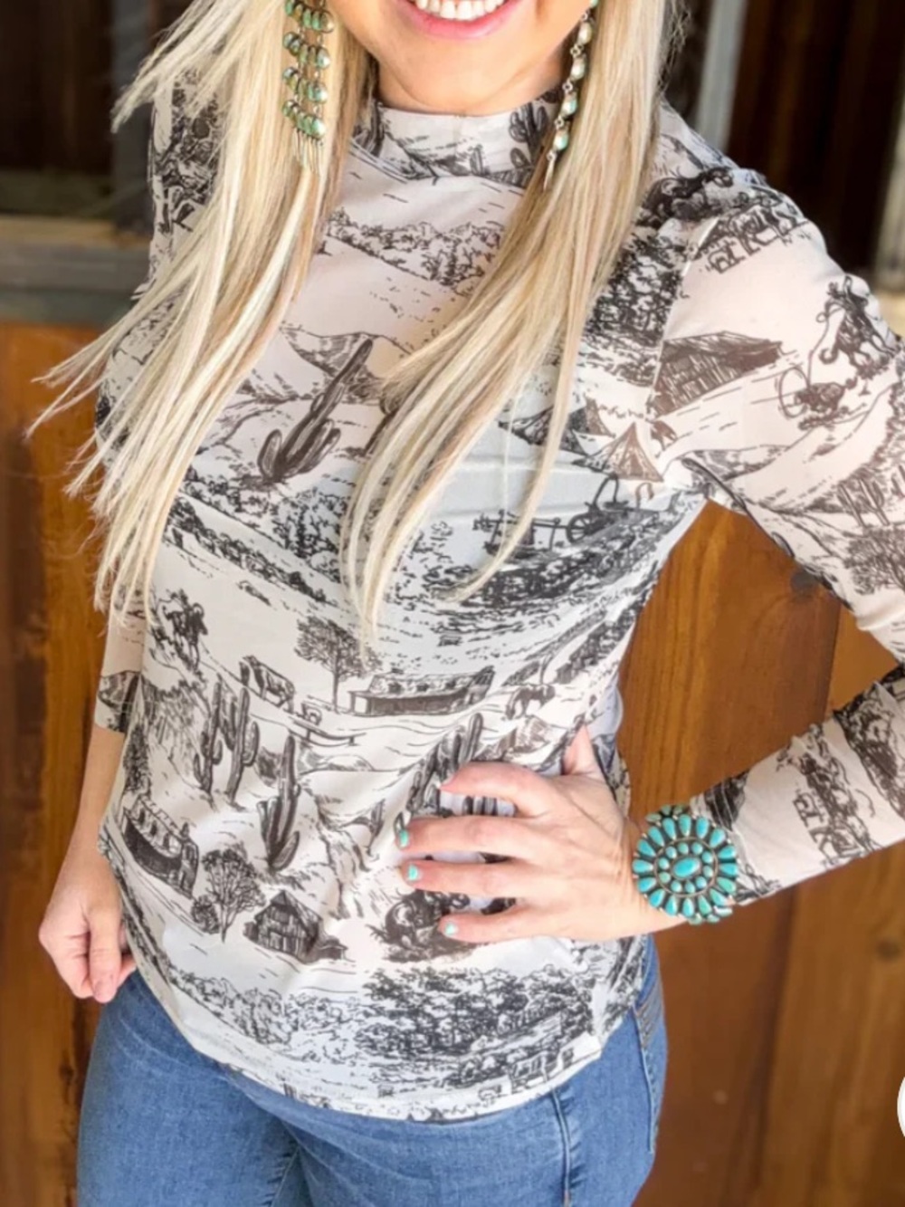 NWT Sterling Kreek The Old Days Mesh Top - Off white & Black Scenic Print, Small